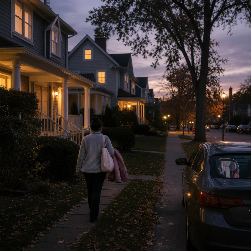 Caregiver arriving at New Rochelle home on tree-lined street for evening babysitting visit