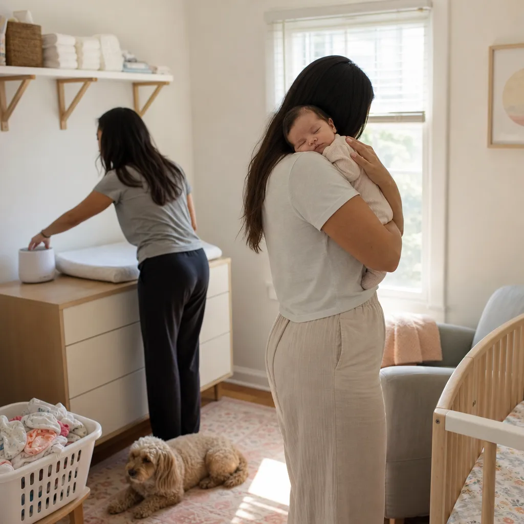 Mother and doula caring for sleeping infant in New Rochelle nursery