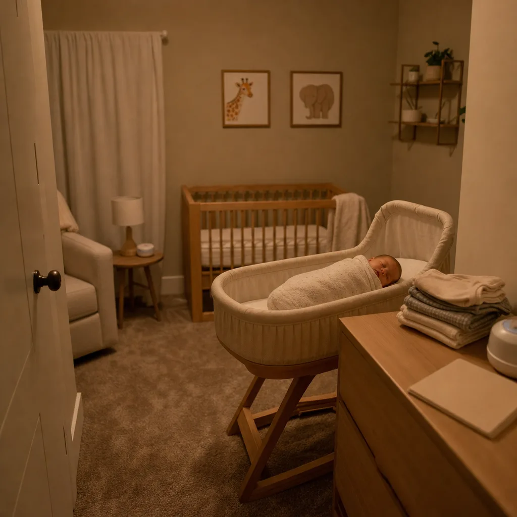 Sleeping infant in tidy nursery after newborn care specialist overnight shift New Rochelle